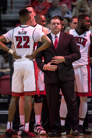 UNLV head coach Todd Simon talks with his team during a time out while playing the Wyoming during the first half at the Thomas & Mack Center in Las Vegas on Saturday, Feb. 27, 2016. Joshua Dah ...