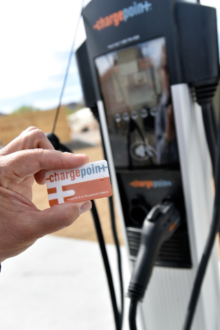A ChargePoint card is used during the dedication Tuesday. The station is the first of many planned. David Becker/Las Vegas Review-Journal Follow @davidjaybecker