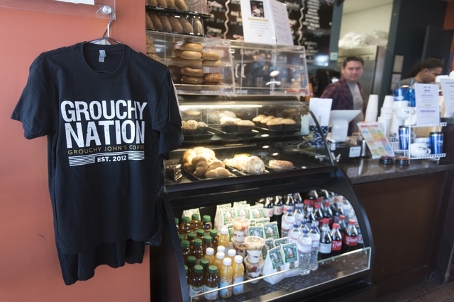 A Grouchy John's Coffee T-shirt hangs near the counter of the business at 8520 S. Maryland Pkwy. in Las Vegas Friday, Feb. 5, 2016. Jason Ogulnik/Las Vegas Review-Journal