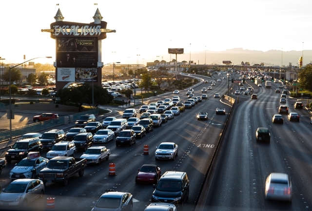 Eastbound traffic, left, approaches the Strip on Tropicana Avenue Feb. 11. Chase Stevens/Las Vegas Review-Journal Follow @csstevensphoto on Twitter