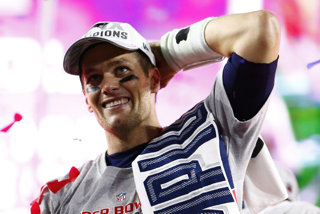 Feb 1, 2015; Glendale, AZ, USA; New England Patriots quarterback Tom Brady celebrates after defeating the Seattle Seahawks in Super Bowl XLIX at University of Phoenix Stadium. (Mark J. Rebilas/USA ...