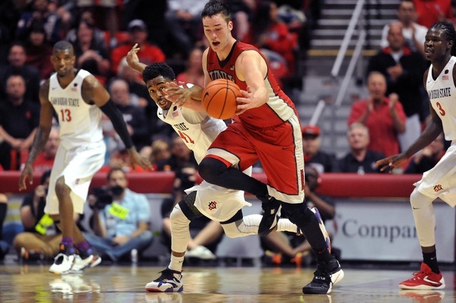 Mar 5, 2016; San Diego, CA, USA; San Diego State Aztecs guard Jeremy Hemsley (42) pressures UNLV Rebels forward Stephen Zimmerman Jr (33) during the first half at Viejas Arena at Aztec Bowl. Manda ...
