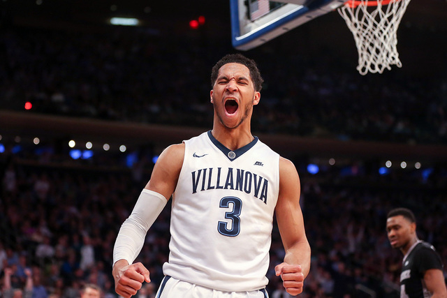 Mar 11, 2016; New York, NY, USA; Villanova Wildcats guard Josh Hart (3) celebrates a dunk against the Providence Friars during the second half in the semifinals of the Big East conference tourname ...