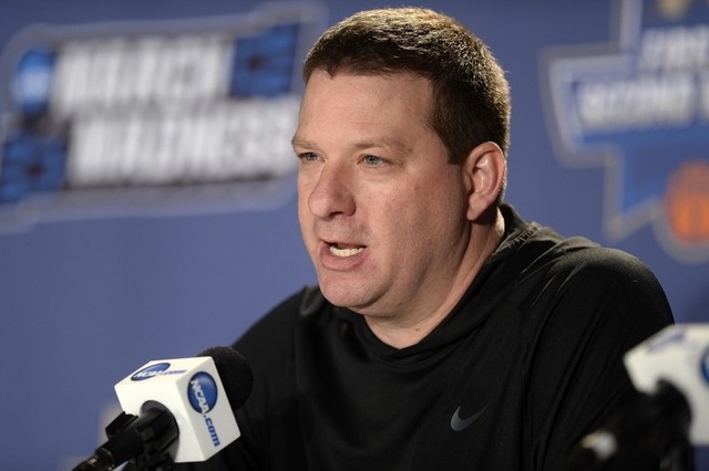 Arkansas Little Rock Trojans head coach Chris Beard speaks to the media during a practice day before the first round of the NCAA men's college basketball tournament at Pepsi Center in Denver. (Ron ...