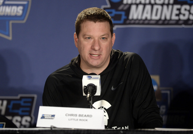 Mar 16, 2016; Denver, CO, USA; Arkansas Little Rock Trojans head coach Chris Beard speaks to the media during a practice day before the first round of the NCAA men's college basketball tournament  ...