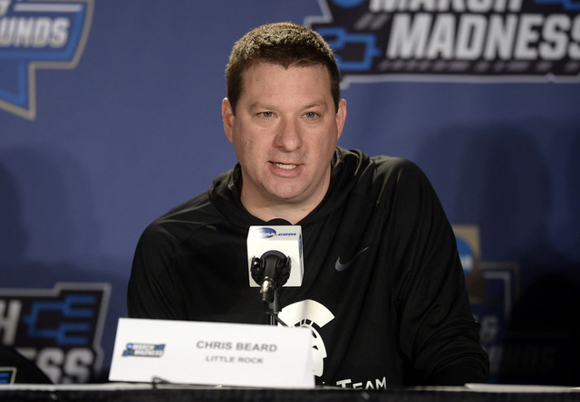 Mar 16, 2016; Denver, CO, USA; Arkansas Little Rock Trojans head coach Chris Beard speaks to the media during a practice day before the first round of the NCAA men's college basketball tournament ...