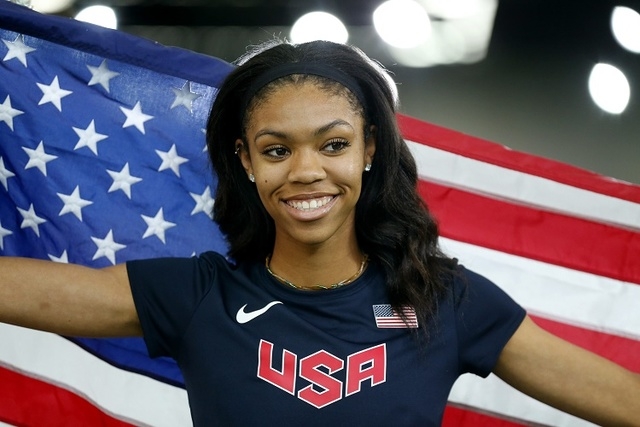 Vashti Cunningham of the U.S. smiles after winning the gold medal in women's high jump during the IAAF World Indoor Athletics Championships in Portland, Oregon March 20, 2016.  (REUTERS/Mike Blake)