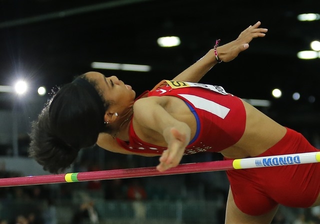 Vashti Cunningham of the U.S. clear the bar on the way to winning the women's high jump gold medal during the IAAF World Indoor Athletics Championships in Portland, Oregon March 20, 2016. REUTERS ...
