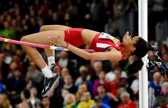Mar 20, 2016; Portland, OR, USA; Vashti Cunningham (USA) wins the womens high jump at 6-5 (1.96m) during the 2016 IAAF World Championships in Athletics at the Oregon Convention Center. Mandatory C ...