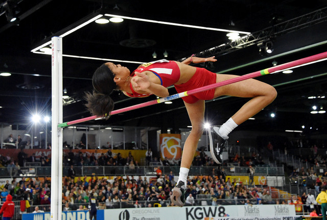 Mar 20, 2016; Portland, OR, USA; Vashti Cunningham (USA) wins the womens high jump at 6-5 (1.96m) during the 2016 IAAF World Championships in Athletics at the Oregon Convention Center. Mandatory C ...