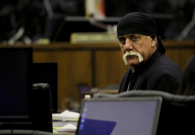 Hulk Hogan sits in court before the start of his trial Thursday, March 17, 2016, in St. Petersburg, Fla. Hogan, whose given name is Terry Bollea, and his attorneys are suing Gawker Media for $100  ...