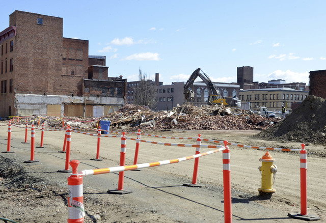 Demolition on Bliss Street in Springfield, Mass., reduced the Springfield Rescue Mission to a pile of rubble to make way for a planned MGM casino, March 22, 2016. The casino is expected to open in ...