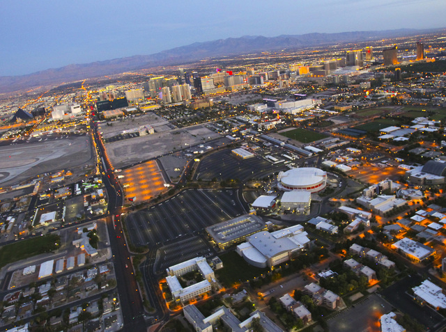 The Las Vegas Strip and the Thomas & Mack Center on the campus of the University of Nevada, Las Vegas, is shown in this aerial photo Friday, June 15, 2012. (Jeff Scheid/Las Vegas Review-Journal)