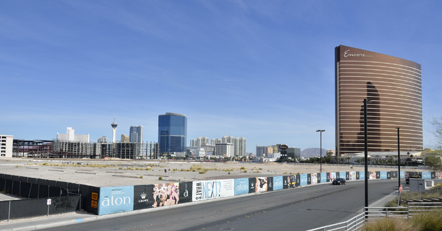 The site of the Alon hotel-casino project is shown in the foreground on the northwest corner of South Las Vegas Boulevard and Fashion Show Drive across the boulevard from the Encore hotel-casino o ...