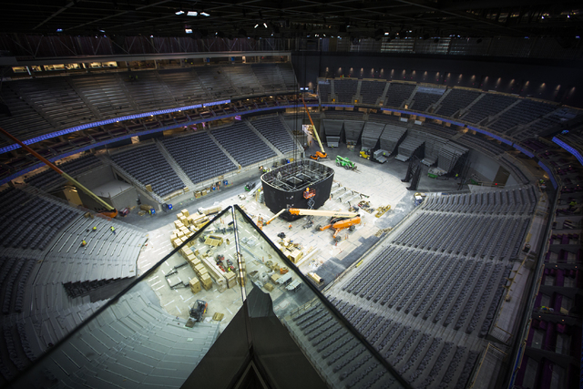 The view from Hyde Lounge at the T-Mobile Arena behind New York-New York is seen Monday, Feb. 29, 2016. The joint venture partners AEG and MGM Resorts is scheduled to open the arena next month. Je ...