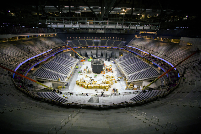 The view from Hyde Lounge at the T-Mobile Arena behind New York-New York is seen Monday, Feb. 29, 2016. The joint venture partners AEG and MGM Resorts is scheduled to open the arena next month. J ...