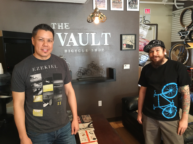 Mike Skoy, left, and Chris Bernardi pose for a photo inside The Vault Bicycle Shop, 7575 Norman Rockwell Lane, No. 120, Feb. 24. Sandy Lopez/View