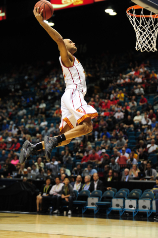 USC guard Julian Jacobs dunks against UCLA in the first half of their Pac 12 Conference Tournament quarterfinal game at the MGM Grand Garden Arena in Las Vegas Wednesday, March 9, 2016. USC defeat ...