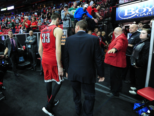 UNLV forward Stephen Zimmerman Jr. (33) walks off the floor after their 95-82 loss to Fresno State during their Mountain West Conference semifinal basketball game at the Thomas & Mack Center i ...