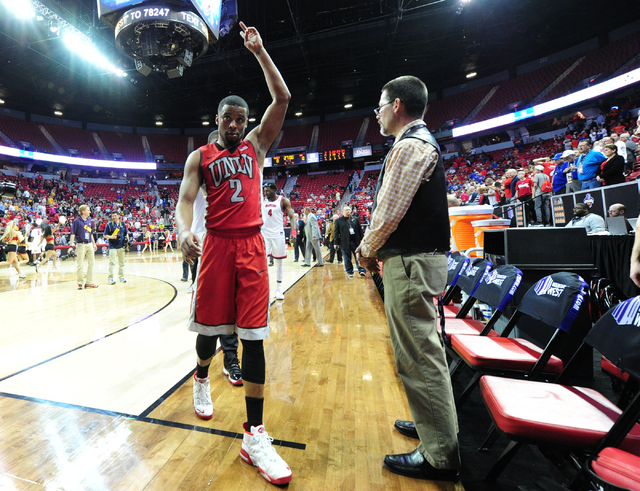 UNLV guard Jerome Seagears (2) walks off the floor after their 95-82 loss to Fresno State during their Mountain West Conference semifinal basketball game at the Thomas & Mack Center in Las Veg ...
