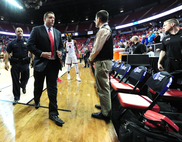 UNLV interim head coach Todd Simon walks off the floor after their 95-82 loss to Fresno State during their Mountain West Conference semifinal basketball game at the Thomas & Mack Center in Las ...