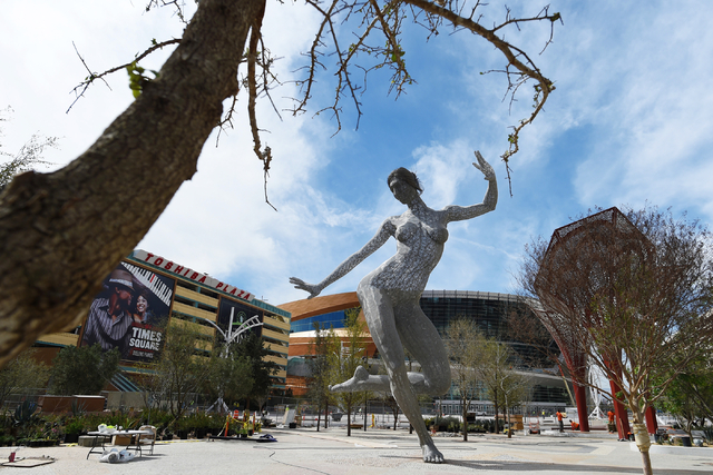 Marco Cochrane's sculpture "Bliss Dance" is seen after being installed in MGM Resorts International's new dining and entertainment district, The Park, on March 4, 2016, in Las Vegas. The 40-foot t ...