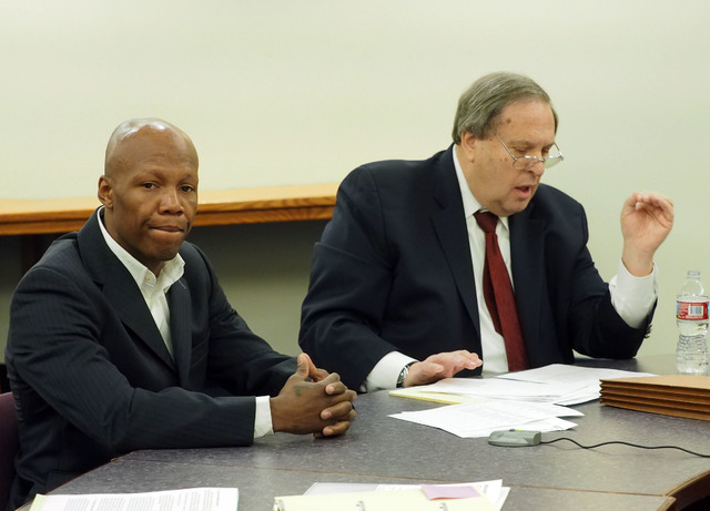 Boxer Zab Judah, left, and his attorney Jay Brown give testimony during a disciplinary hearing by the Nevada Athletic Commission concerning boxer Zab Judah and promoter Roy Englebrecht at the Sawy ...