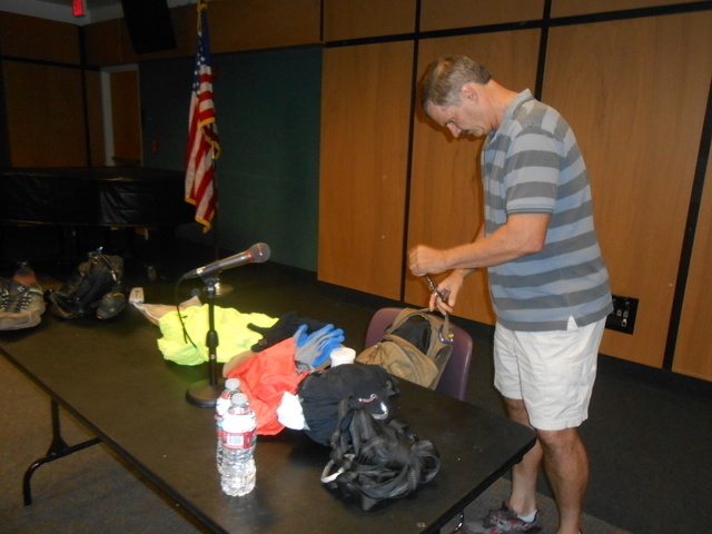 Branch Whitney pulls his must-carry items out of his backpack during a presentation Sept. 9, 2014, at the Rainbow Library. He is set to speak March 24 at the Centennial Hills Library, April 13 at ...