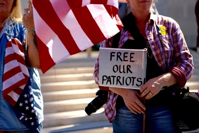 Bundy family supporter Joyce Parry demonstrates outside the Lloyd George Federal Building on Thursday, March 10, 2016, in Las Vegas. (Jeff Scheid/Las Vegas Review-Journal)