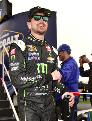 Kurt Busch (18) is seen during driver introductions before the start of the Kobalt 400 at Las Vegas Motor Speedway in Las Vegas Sunday, March 6, 2016. (Josh Holmberg/Las Vegas Review-Journal)