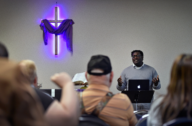 Faith organizer Ender Austin of Nevadans for Background Checks speaks at the Journey United Methodist Church Monday, March 14, 2016, in Las Vegas. David Becker/Las Vegas Review-Journal Follow @dav ...