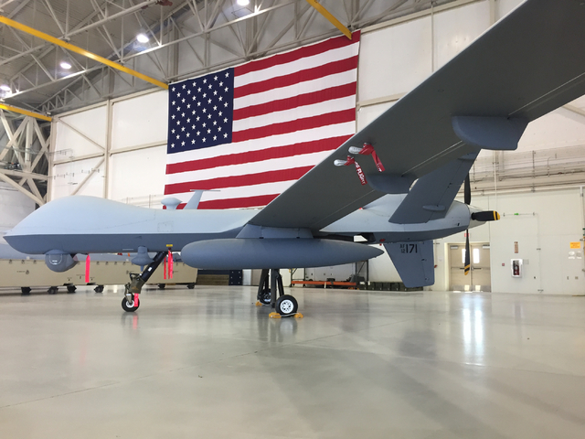 An MQ-9 Reaper sits inside hangar June 16, 2015 at Creech Air Force Base, 45 miles northwest of Las Vegas. (Keith Rogers/Las Vegas Review-Journal)