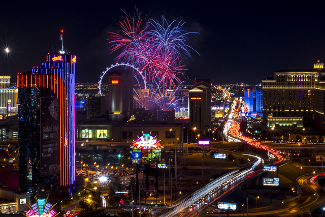Fireworks explode over the Strip in Las Vegas as seen from ghostbar at the Palms hotel-casino on Saturday, July 4, 2015. (Joshua Dahl/Las Vegas Review-Journal)