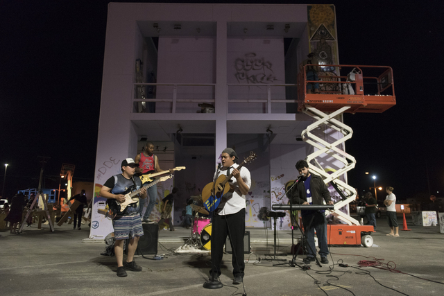 We Are Pancakes performs during the illumination ceremony for the Life Cube in the Llama Lot at Fremont Street and 9th Street in Las Vegas Saturday, March 19, 2016. The ceremony kicks off two week ...