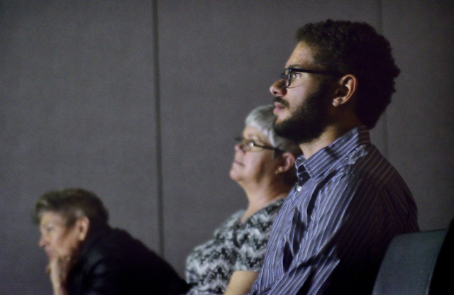 Howard Watts, a volunteer for the Nevada Coalition Against the Death Penalty, right, is shown during a screening of "The Exonerated" at the Gay and Lesbian Community Center, 401 S. Maryland Parkwa ...