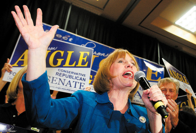 Sharron Angle speaks to supporters after winning the Nevada Republican U.S. Senate primary election race Tuesday, June 8, 2010 in Las Vegas. Isaac Brekken/Associated Press