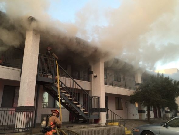 One person was displaced in a fire at the Hidden Village Apartments, 1825 Lewis Ave., in downtown Las Vegas, Thursday morning, March 17, 2016. (Twitter/Las Vegas Fire Department)