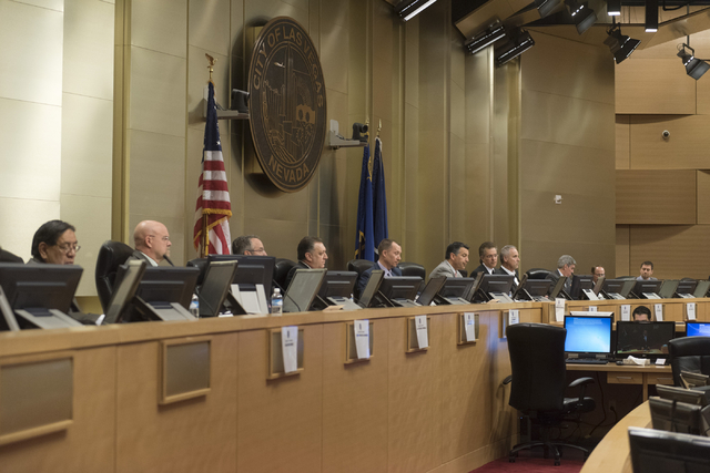 Members of the Nevada Gaming Policy Committee listen as Jim Sullivan speaks during public comment at the Nevada Gaming Policy Committee meeting at Las Vegas City Hall Council Chambers Monday, Marc ...