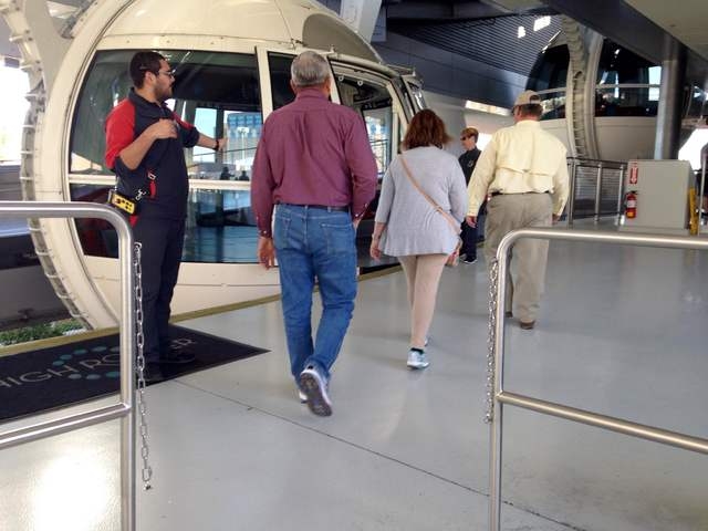 Pink Jeep tour guide Richard Evans walks with Gary and Peggy Hafernick onto a High Roller pod during a tour of the Strip on Wednesday, March 8, 2016. Kimberly De La Cruz/Las Vegas Review-Journal