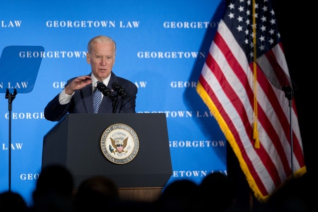 Vice President Joe Biden speaks at Georgetown Law School in Washington, Thursday, March 24, 2016.  (AP Photo/Manuel Balce Ceneta)