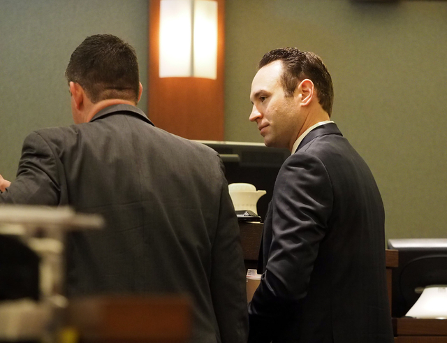 Attorney Warren Geller, right, speaks on behalf of his client Jillian Lafave during a hearing in Lafave's case at the Regional Justice Center in Las Vegas, Wednesday, March 30, 2016. (Jerry Henkel ...