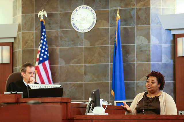Teacher Belisa Brownlee takes the stand during the trial of Jason Lofthouse at the Regional Justice Center in Las Vegas on Tuesday, March 22, 2016. Lofthouse, a former Rancho High School teacher,  ...