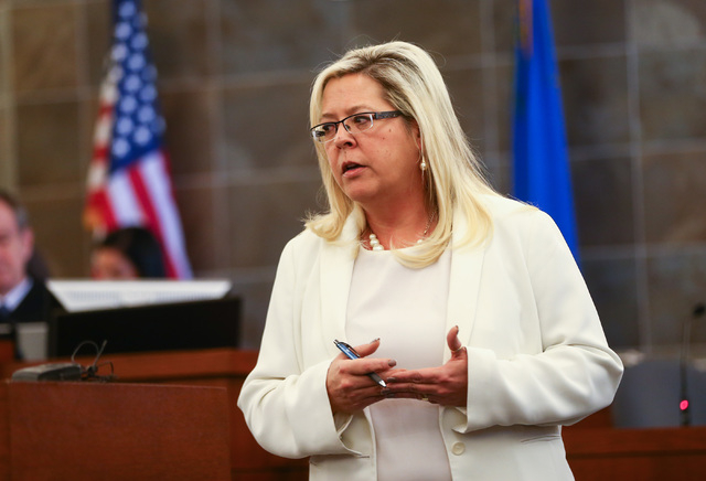 Prosecutor Stacy Kollins speaks during opening statements for the trial of Jason Lofthouse at the Regional Justice Center in Las Vegas on Tuesday, March 22, 2016. The former Rancho High School tea ...
