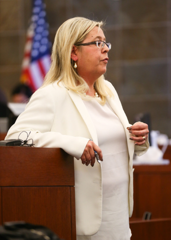 Prosecutor Stacy Kollins speaks during opening statements for the trial of Jason Lofthouse at the Regional Justice Center in Las Vegas on Tuesday, March 22, 2016. The former Rancho High School tea ...