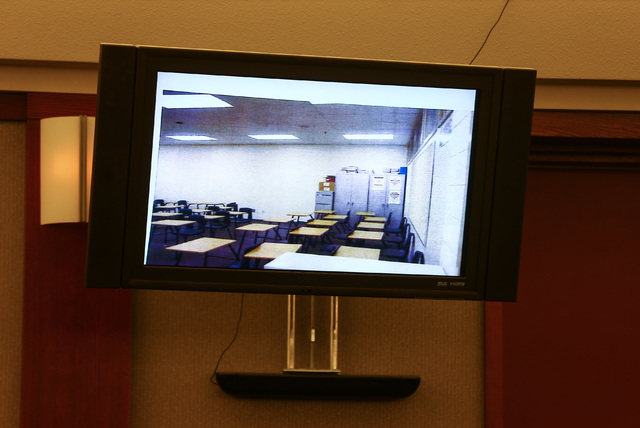 A photo of Jason Lofthouse's classroom is shown during his trial at the Regional Justice Center in Las Vegas on Tuesday, March 22, 2016. The former Rancho High School teacher faces charges of kidn ...