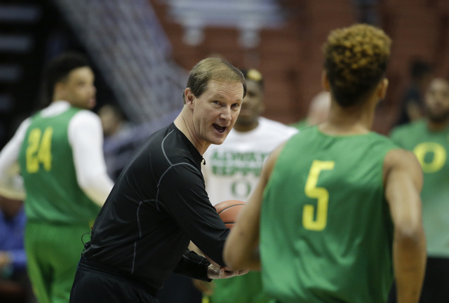 Oregon head coach Dana Altman yells during college basketball practice in Anaheim, Calif., Wednesday, March 23, 2016. Oregon plays against Duke in a regional semifinal game in the NCAA Tournament ...