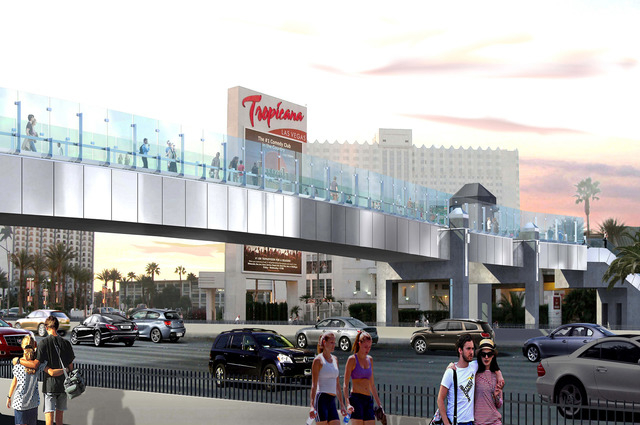 An artist's rendering shows one of the revamped pedestrian bridges planned at the corner of Las Vegas Boulevard and Tropicana Avenue in a $26 million project. (Courtesy/Nevada Department of Transp ...