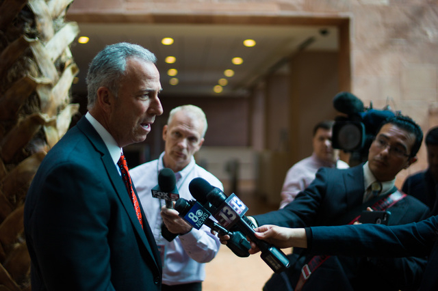 Clark County District Attorney Steve Wolfson talks with reporters following guilty pleas from Erich Nowsch and Derrick Andrews in the death of Tammy Meyers at Regional Justice Center in Las Vegas ...