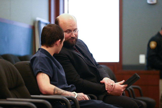 Erich Nowsch, left, talks with his defense lawyer Augustus Claus before pleading guilty to the murder of Tammy Meyers at Regional Justice Center in Las Vegas on Friday, March 4, 2016. Chase Steven ...