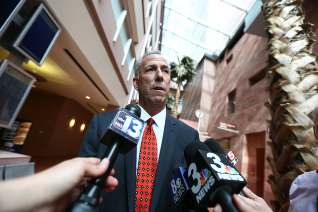 Clark County District Attorney Steve Wolfson talks with reporters following guilty pleas from Erich Nowsch and Derrick Andrews in the death of Tammy Meyers at Regional Justice Center in Las Vegas ...